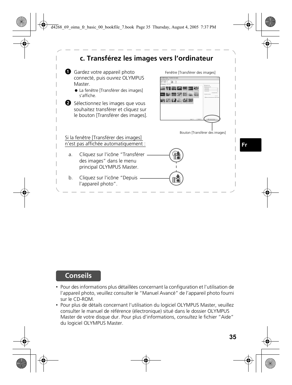 C. transférez les images vers l’ordinateur, Conseils | Olympus SP-350 User Manual | Page 35 / 84