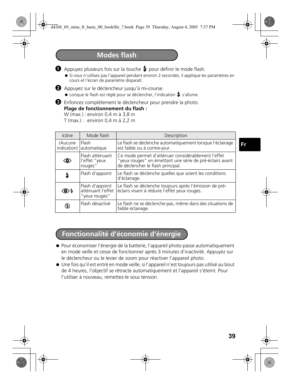 Modes flash fonctionnalité d’économie d’énergie | Olympus SP-350 User Manual | Page 39 / 84
