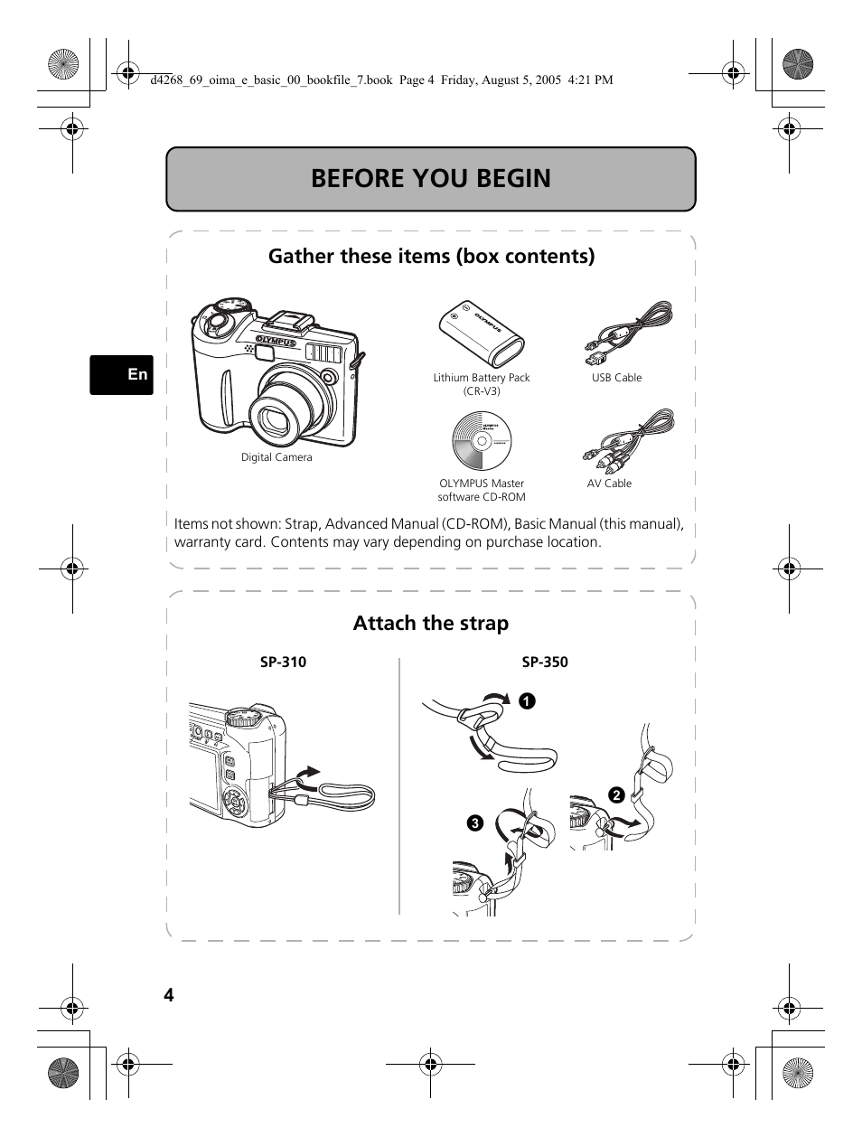 Before you begin, Gather these items (box contents), Attach the strap | Olympus SP-350 User Manual | Page 4 / 84