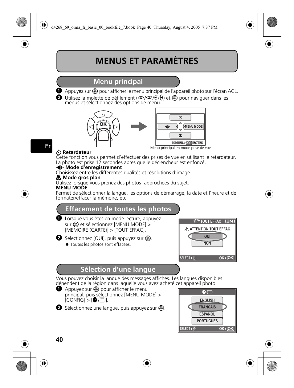 Menus et paramètres, Menu principal, Effacement de toutes les photos | Sélection d’une langue | Olympus SP-350 User Manual | Page 40 / 84