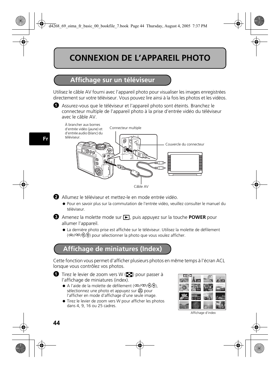 Connexion de l’appareil photo, Affichage sur un téléviseur, Affichage de miniatures (index) | Olympus SP-350 User Manual | Page 44 / 84