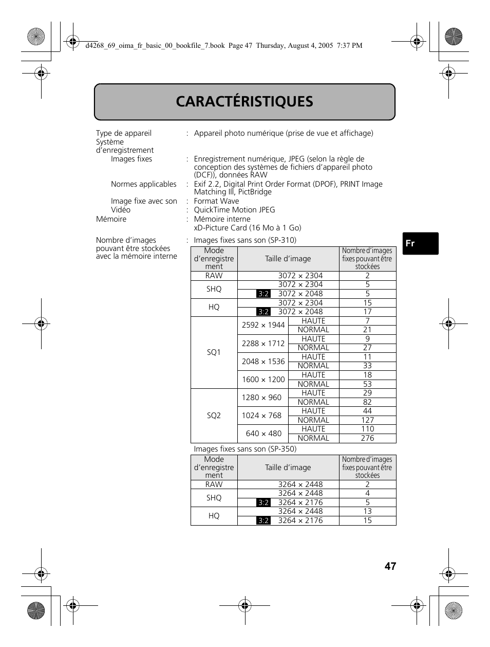 Caractéristiques | Olympus SP-350 User Manual | Page 47 / 84