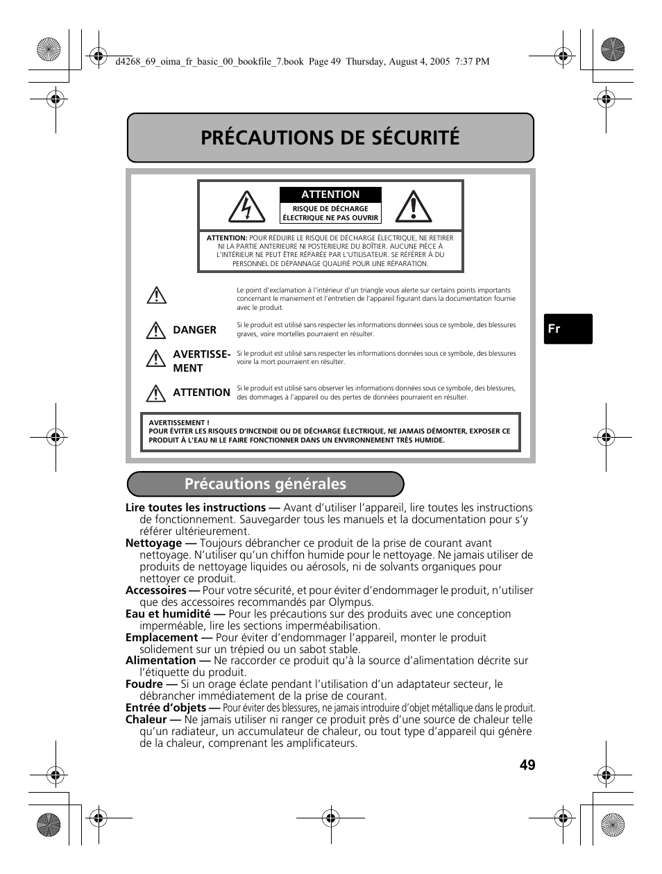 Précautions de sécurité, Précautions générales | Olympus SP-350 User Manual | Page 49 / 84