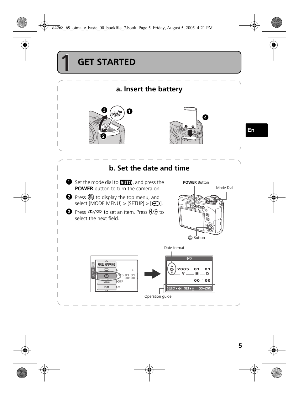 Get started, A. insert the battery, B. set the date and time | Olympus SP-350 User Manual | Page 5 / 84
