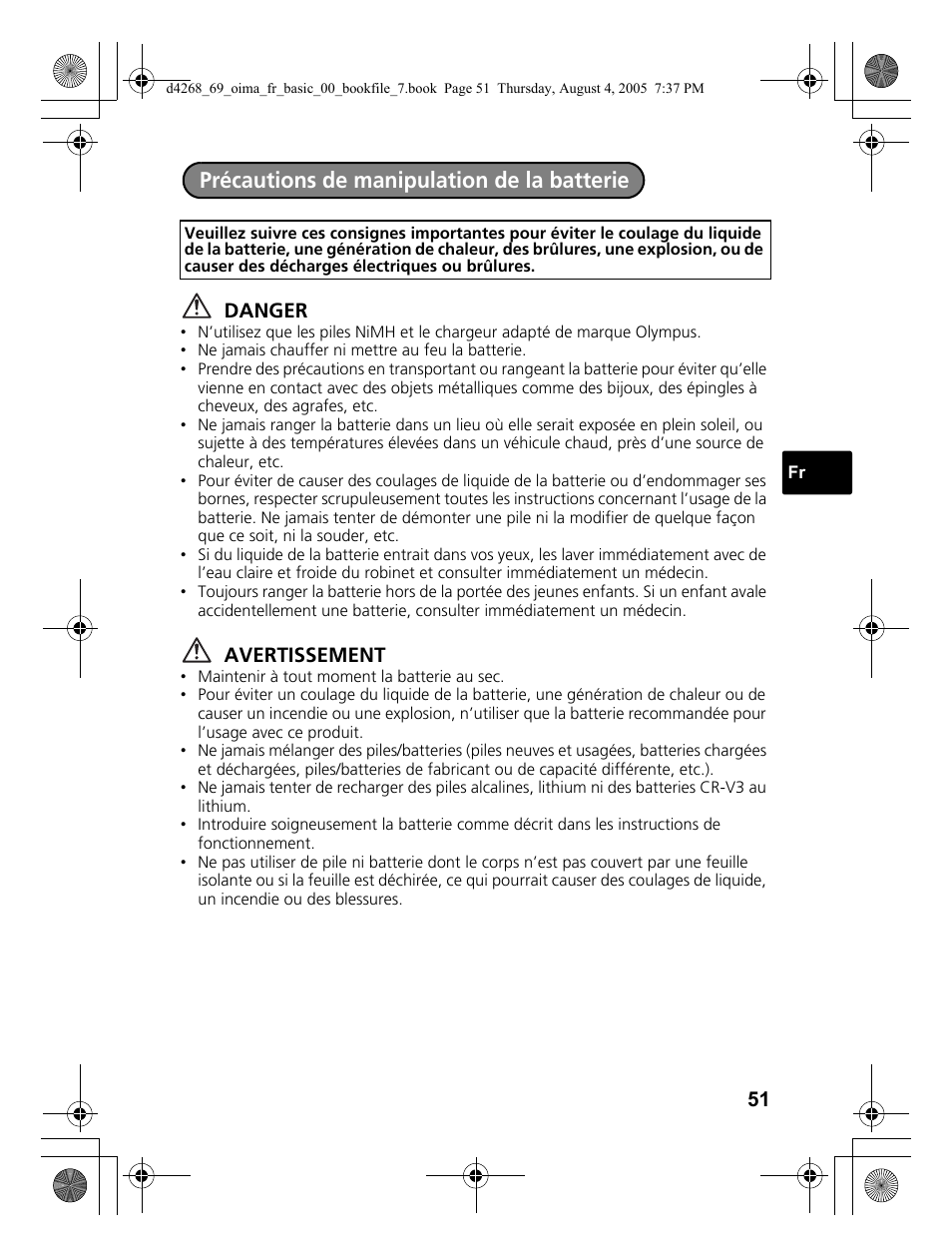 Précautions de manipulation de la batterie | Olympus SP-350 User Manual | Page 51 / 84