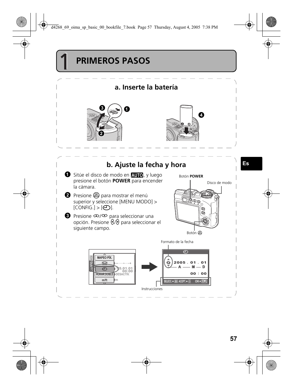 Primeros pasos, A. inserte la batería, B. ajuste la fecha y hora | Olympus SP-350 User Manual | Page 57 / 84