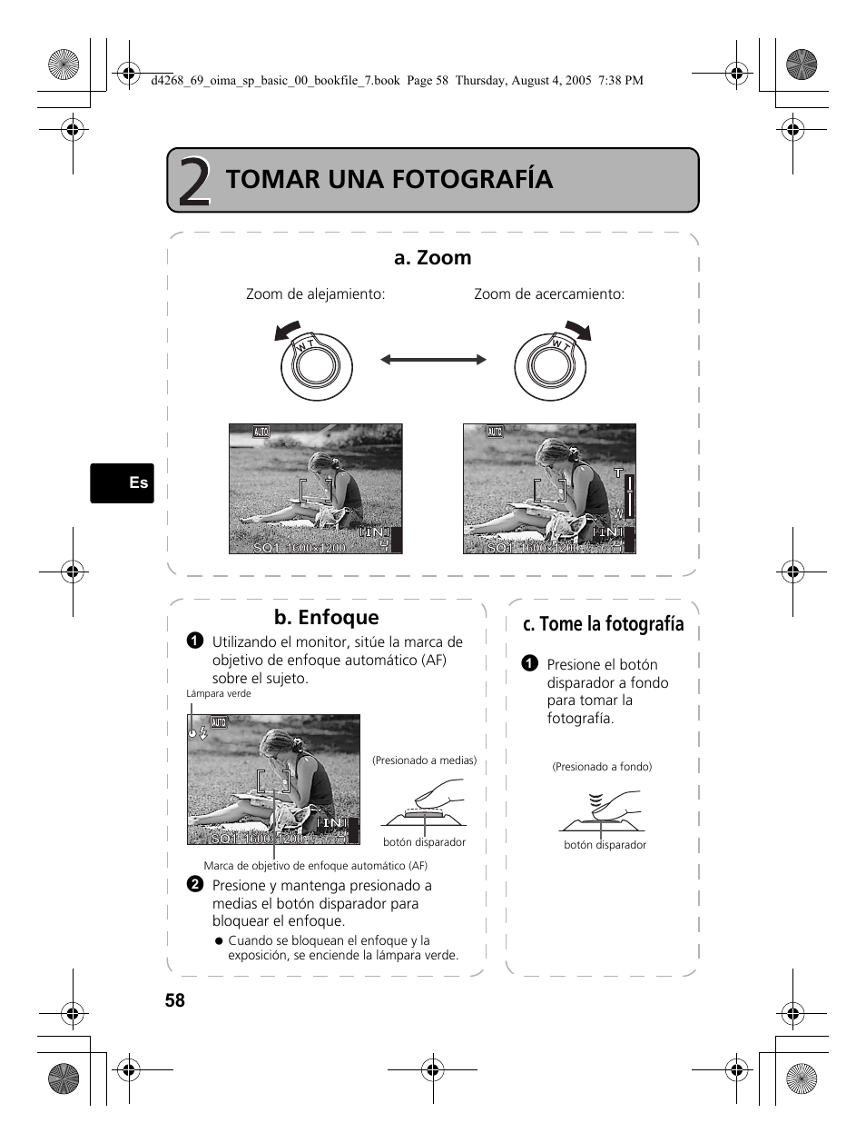 Tomar una fotografía, A. zoom, C. tome la fotografía | B. enfoque | Olympus SP-350 User Manual | Page 58 / 84