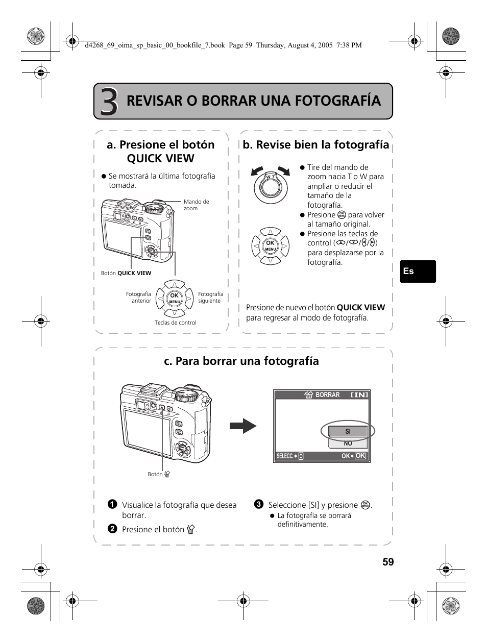 Revisar o borrar una fotografía, C. para borrar una fotografía | Olympus SP-350 User Manual | Page 59 / 84