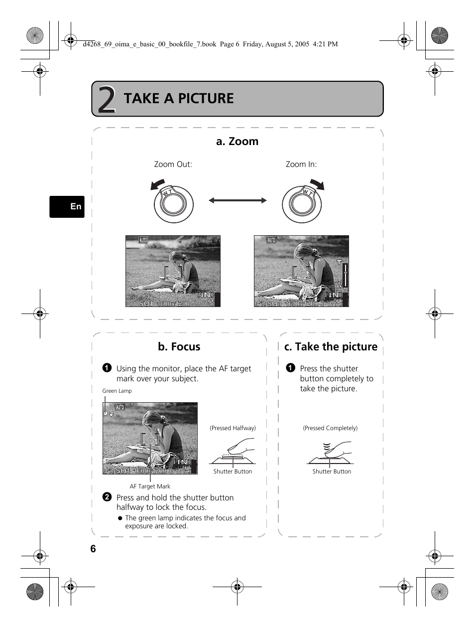 Take a picture, A. zoom, C. take the picture | B. focus | Olympus SP-350 User Manual | Page 6 / 84