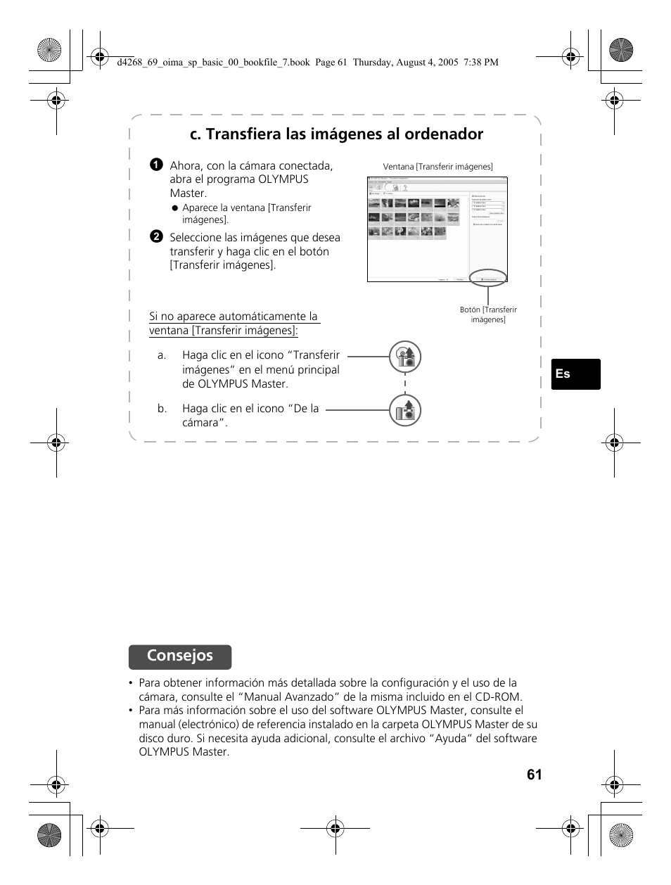 C. transfiera las imágenes al ordenador, Consejos | Olympus SP-350 User Manual | Page 61 / 84