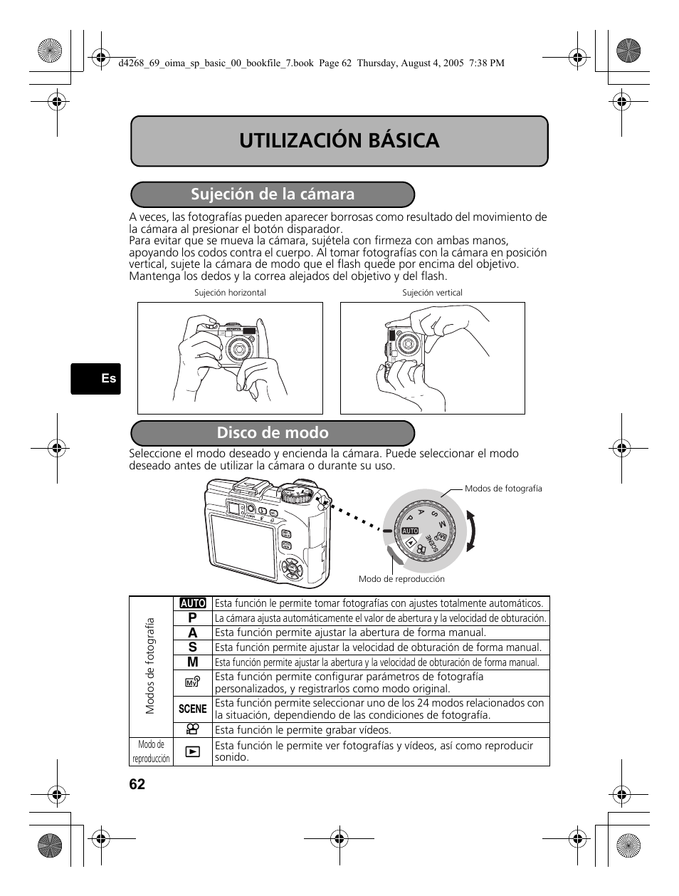 Utilización básica, Sujeción de la cámara disco de modo | Olympus SP-350 User Manual | Page 62 / 84