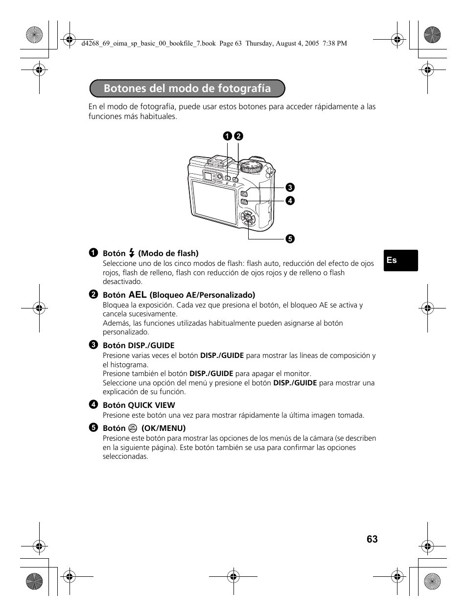 Botones del modo de fotografía | Olympus SP-350 User Manual | Page 63 / 84