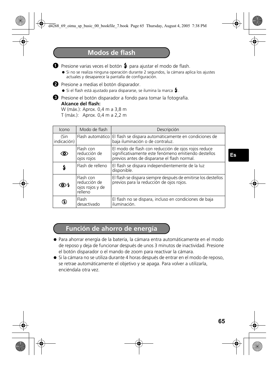 Modos de flash función de ahorro de energía | Olympus SP-350 User Manual | Page 65 / 84
