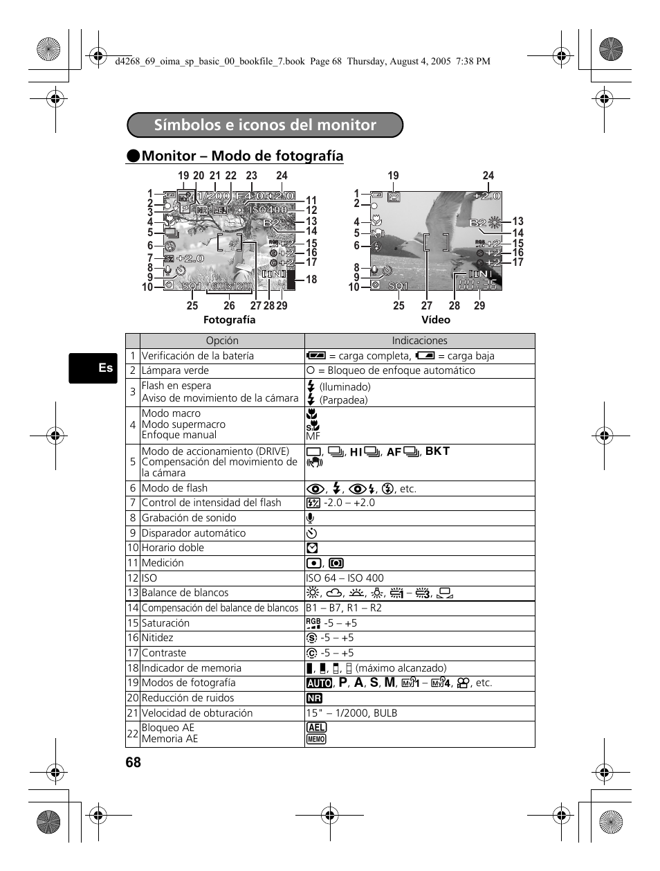 Símbolos e iconos del monitor, Monitor – modo de fotografía | Olympus SP-350 User Manual | Page 68 / 84