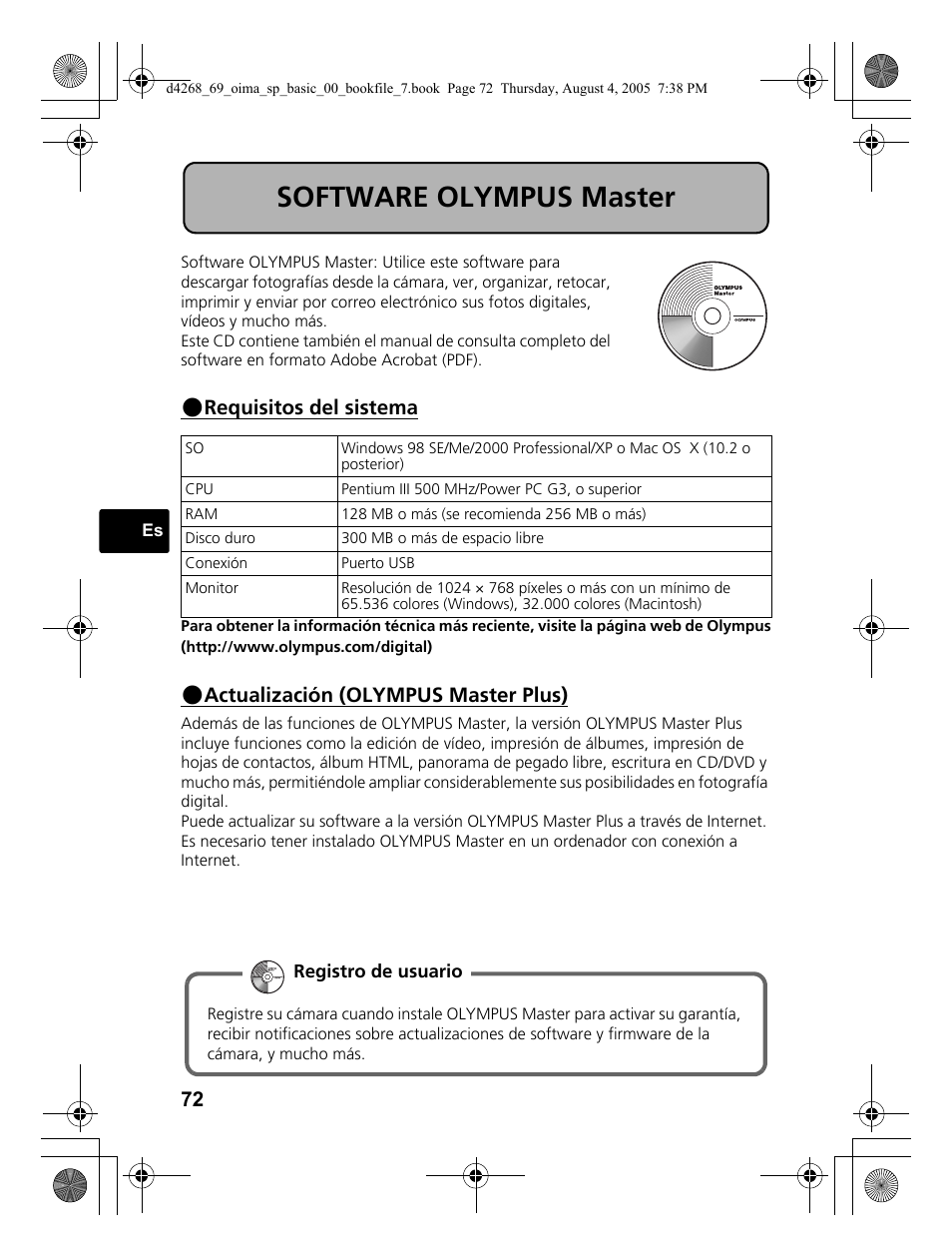 Software olympus master, Requisitos del sistema, Actualización (olympus master plus) | Olympus SP-350 User Manual | Page 72 / 84