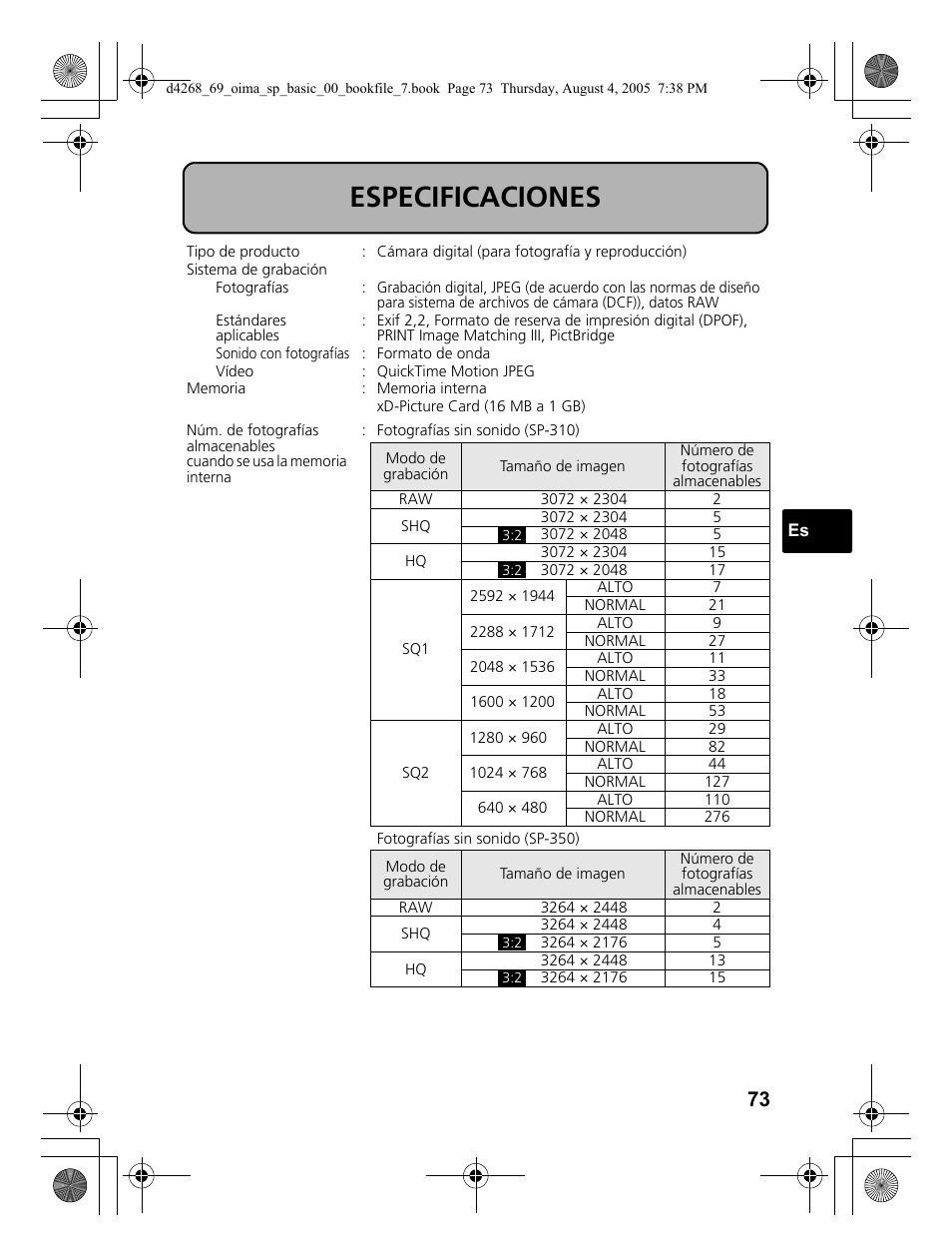 Especificaciones | Olympus SP-350 User Manual | Page 73 / 84