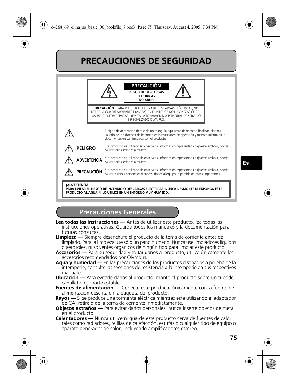 Precauciones de seguridad, Precauciones generales | Olympus SP-350 User Manual | Page 75 / 84