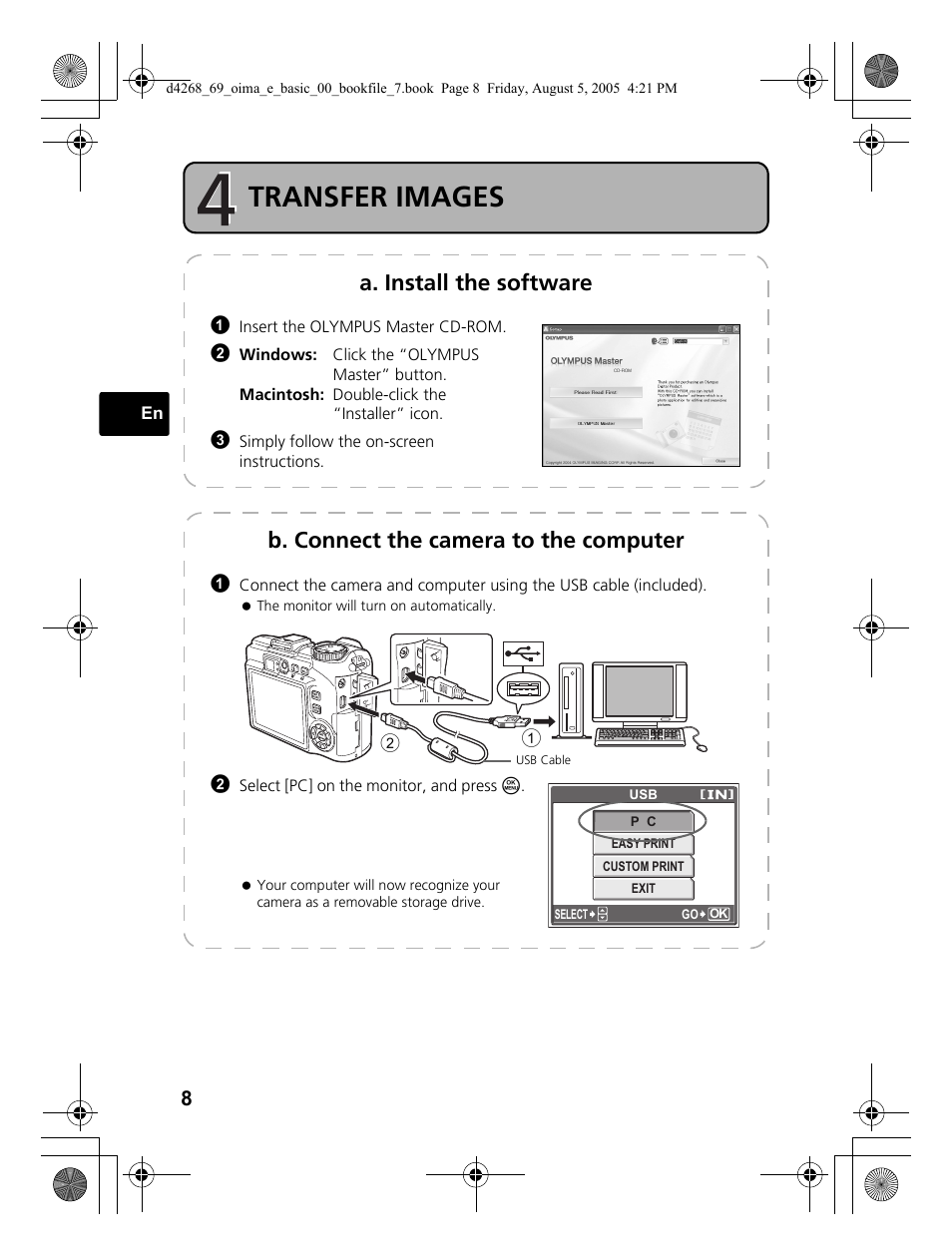 Transfer images, A. install the software, B. connect the camera to the computer | Olympus SP-350 User Manual | Page 8 / 84