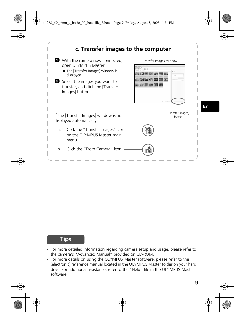 C. transfer images to the computer, Tips | Olympus SP-350 User Manual | Page 9 / 84