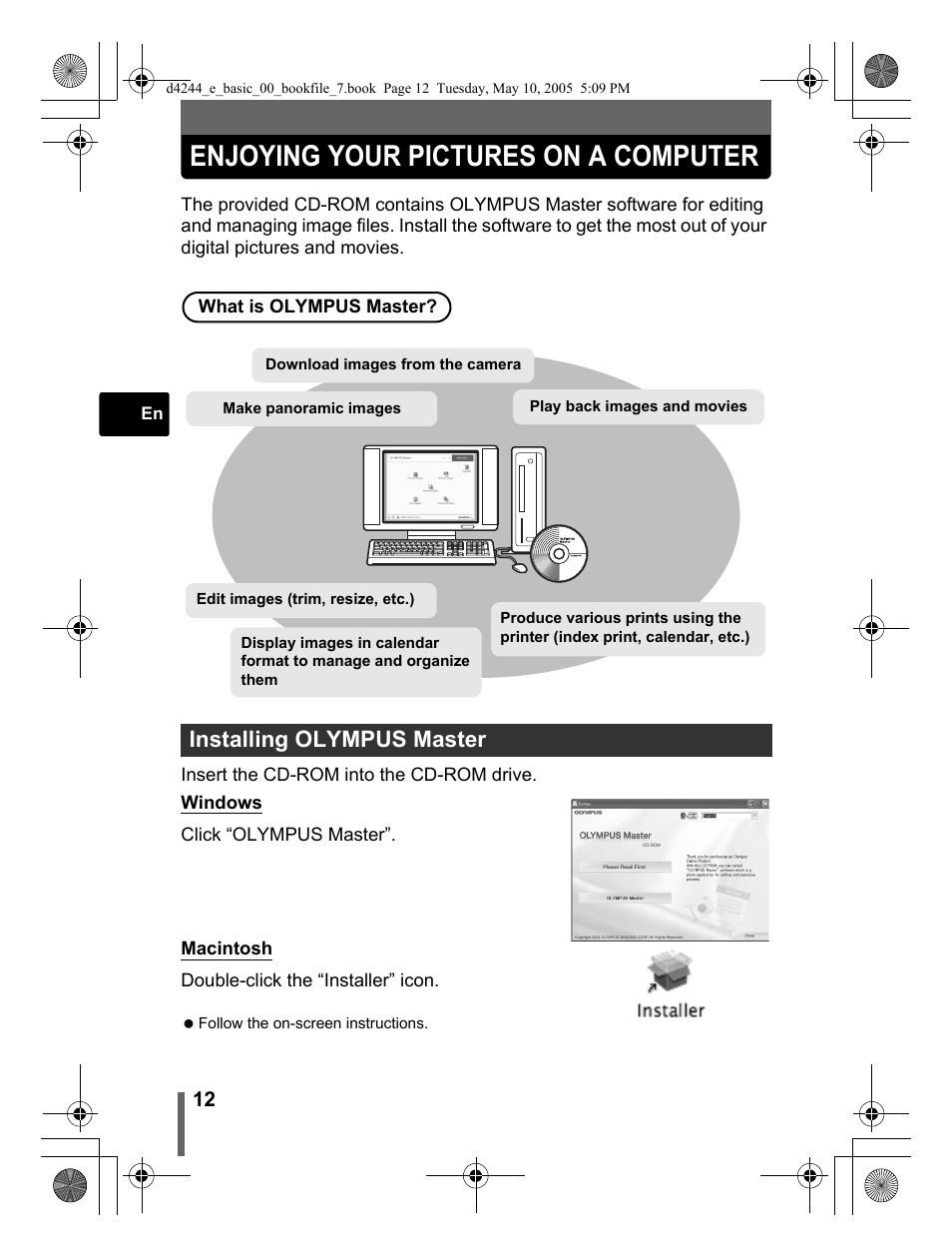 Enjoying your pictures on a computer, Installing olympus master | Olympus Stylus 800 Digital User Manual | Page 12 / 68