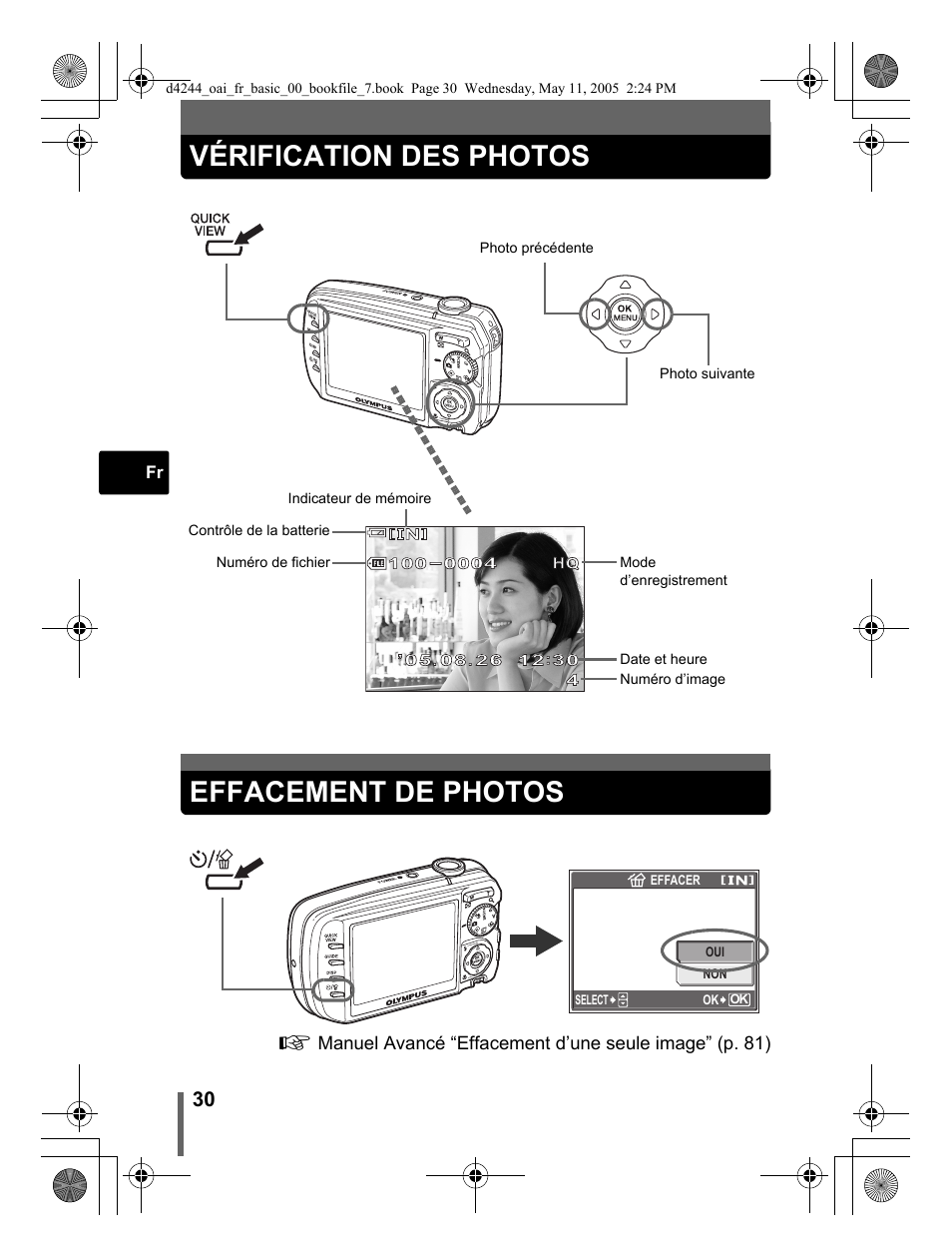 Vérification des photos, Effacement de photos | Olympus Stylus 800 Digital User Manual | Page 30 / 68