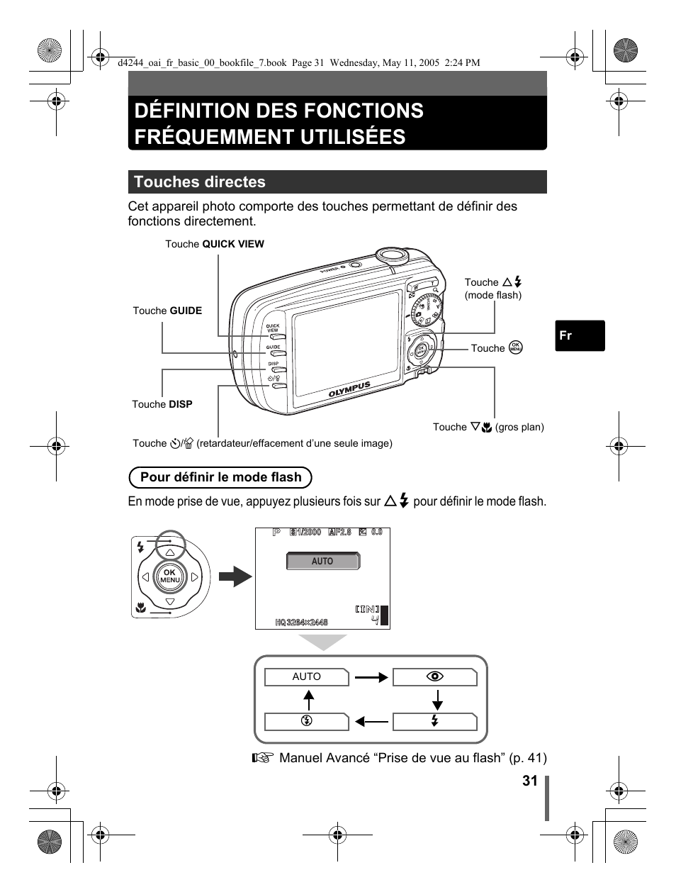 Définition des fonctions fréquemment utilisées, Touches directes | Olympus Stylus 800 Digital User Manual | Page 31 / 68
