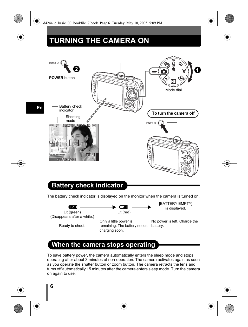 Turning the camera on, 12 battery check indicator, When the camera stops operating | Olympus Stylus 800 Digital User Manual | Page 6 / 68