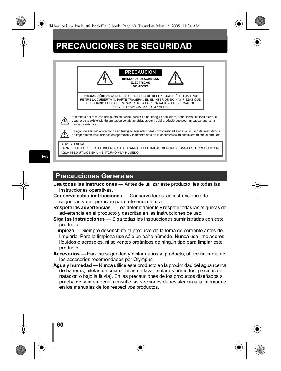 Precauciones de seguridad, Precauciones generales | Olympus Stylus 800 Digital User Manual | Page 60 / 68