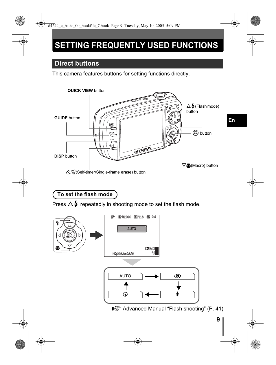 Setting frequently used functions, Direct buttons | Olympus Stylus 800 Digital User Manual | Page 9 / 68