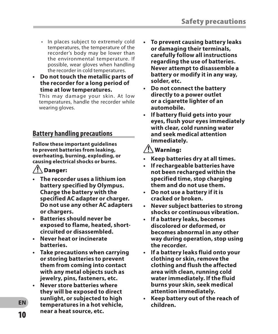 Battery handling precautions, Safety precautions | Olympus DM-2 User Manual | Page 10 / 185