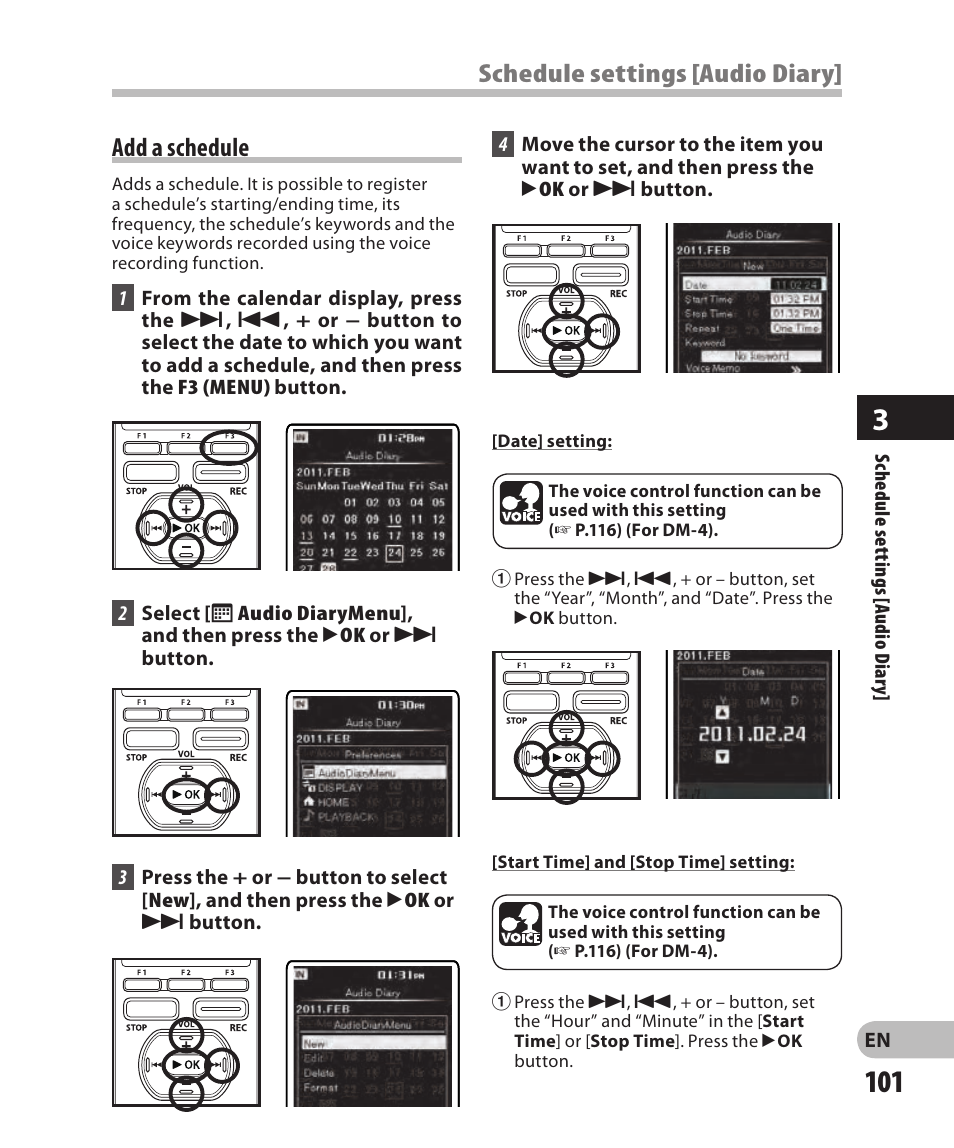 Add a schedule, Schedule settings [audio diary] add a schedule | Olympus DM-2 User Manual | Page 101 / 185