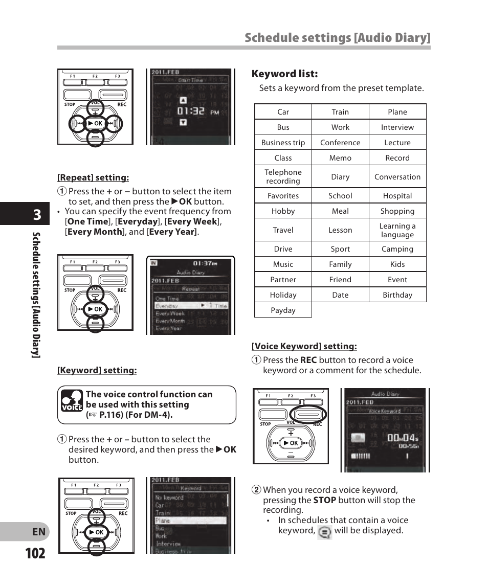 Schedule settings [audio diary | Olympus DM-2 User Manual | Page 102 / 185
