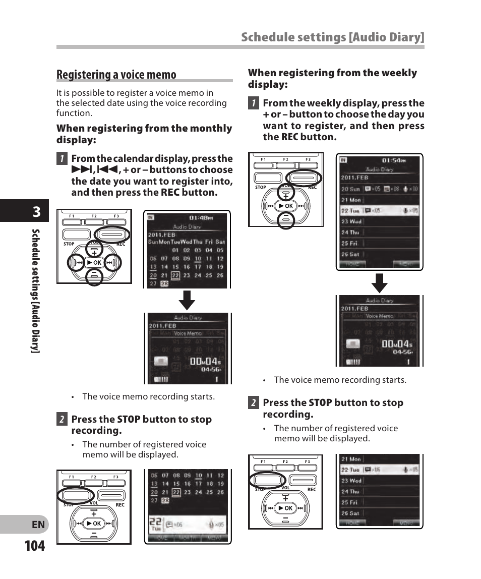 Registering a voice memo, Schedule settings [audio diary | Olympus DM-2 User Manual | Page 104 / 185