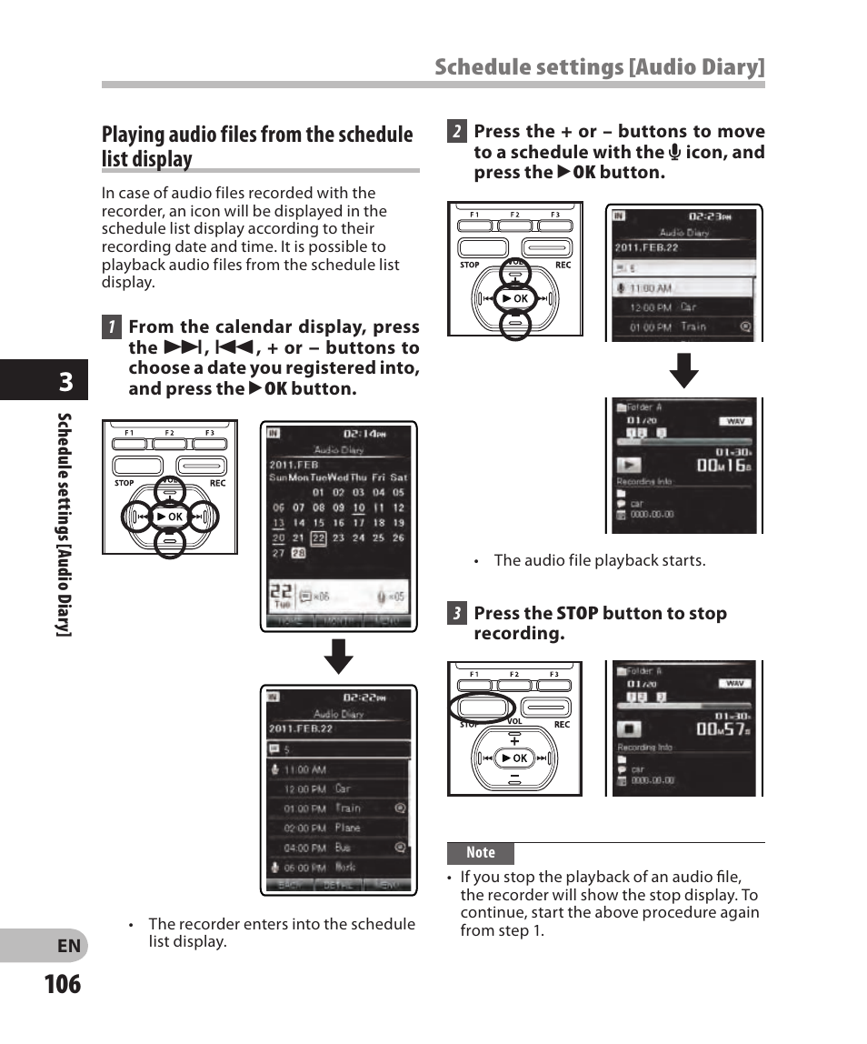 Playing audio files from the schedulelist display, Schedule settings [audio diary, Playing audio files from the schedule list display | Olympus DM-2 User Manual | Page 106 / 185