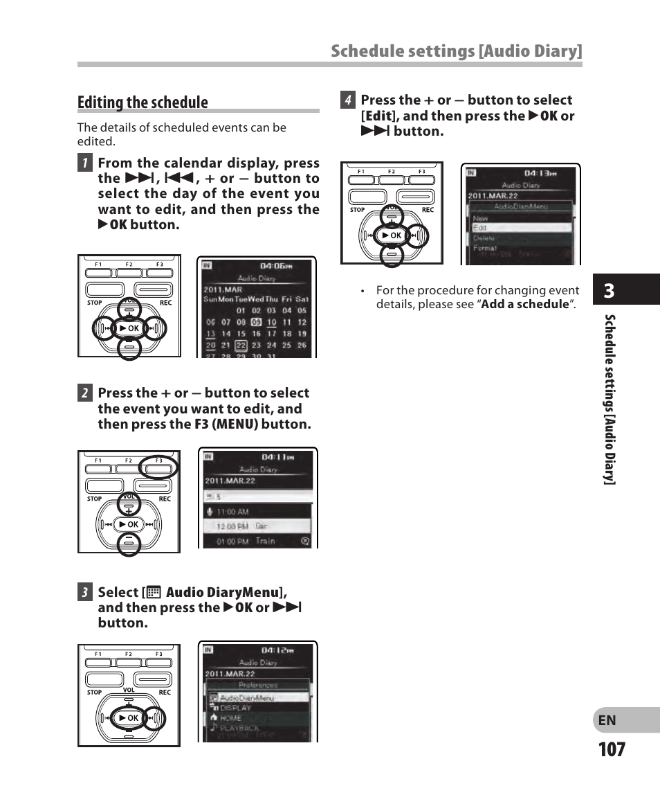 Editing the schedule, Schedule settings [audio diary | Olympus DM-2 User Manual | Page 107 / 185