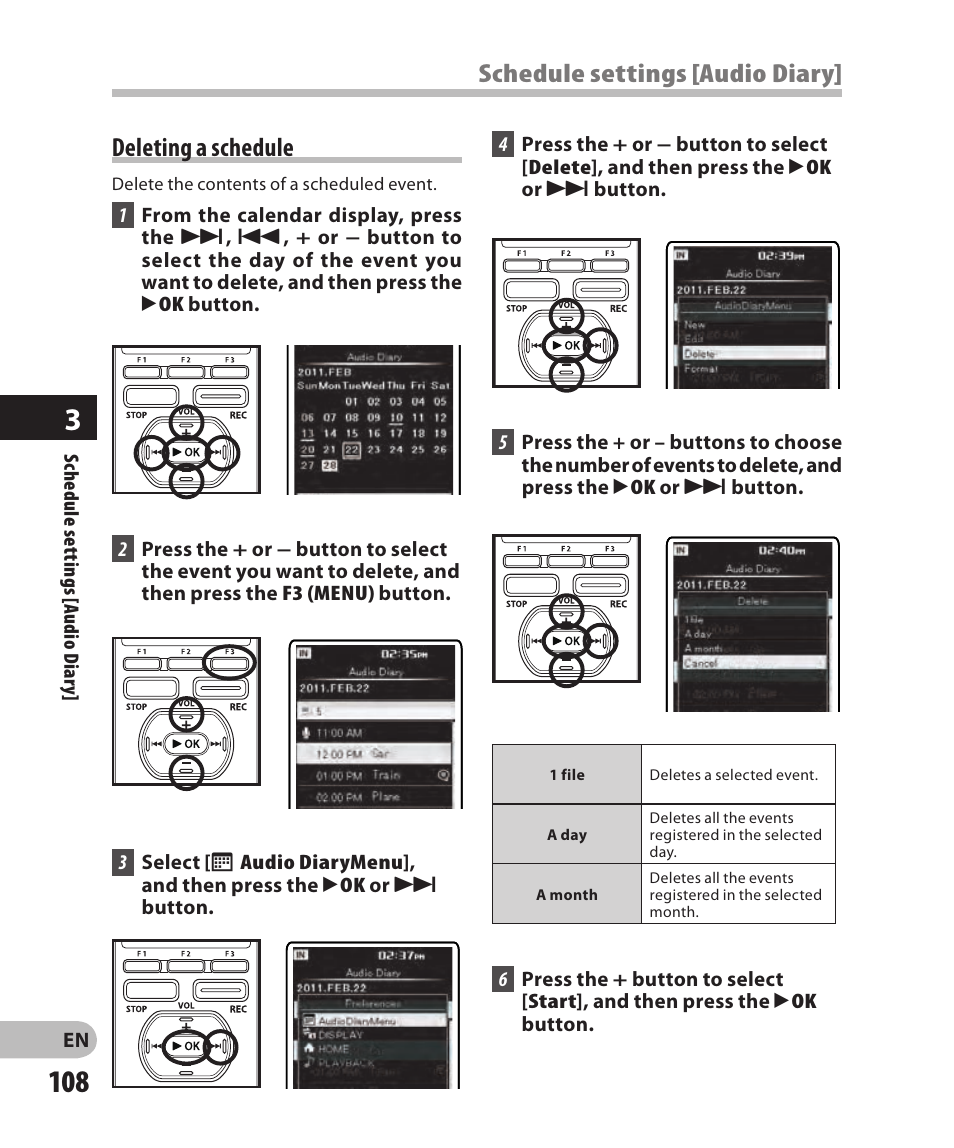Deleting a schedule, Schedule settings [audio diary | Olympus DM-2 User Manual | Page 108 / 185