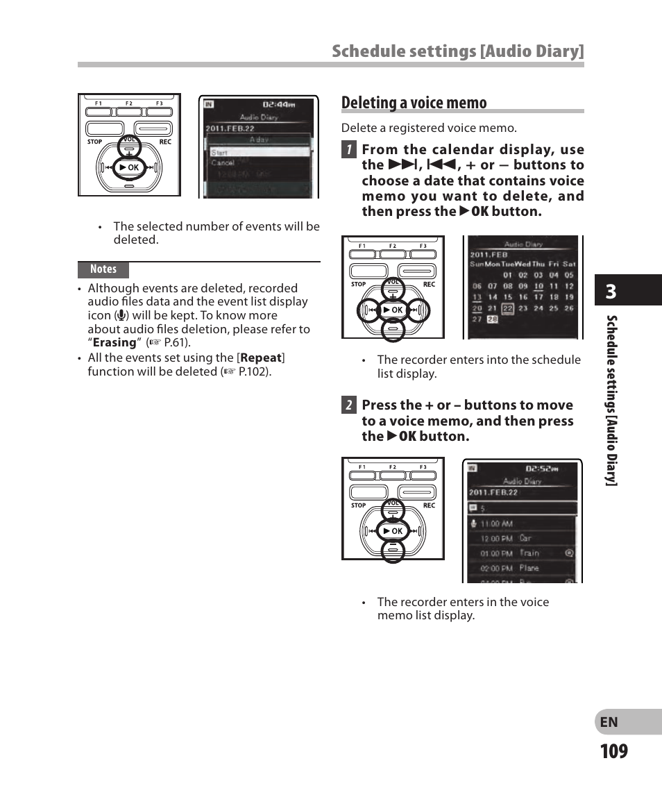 Deleting a voice memo, Schedule settings [audio diary | Olympus DM-2 User Manual | Page 109 / 185