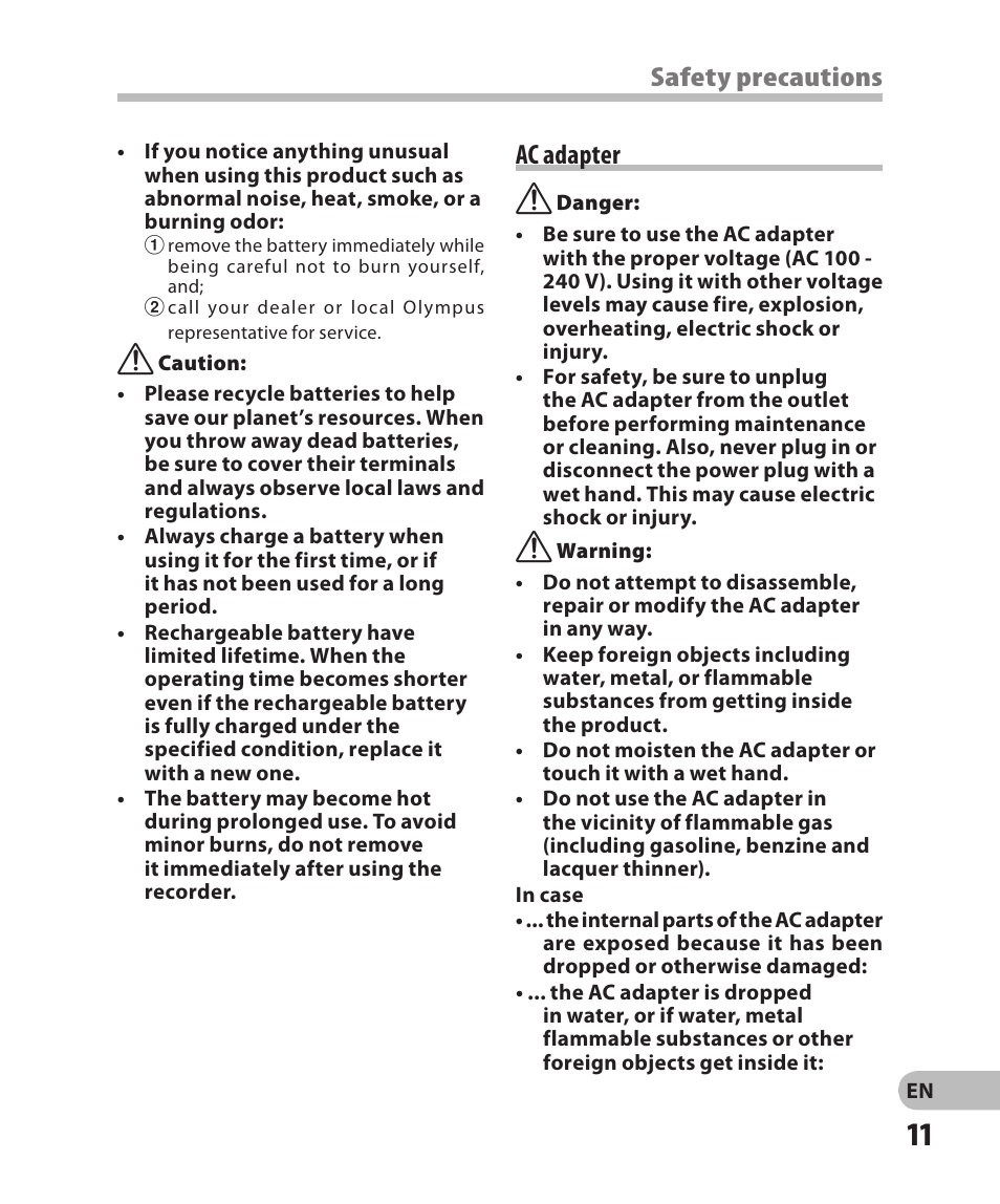 Ac adapter, Safety precautions ac adapter | Olympus DM-2 User Manual | Page 11 / 185