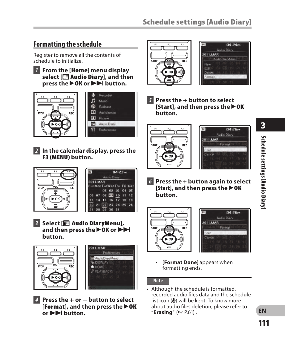 Formatting the schedule, Schedule settings [audio diary | Olympus DM-2 User Manual | Page 111 / 185