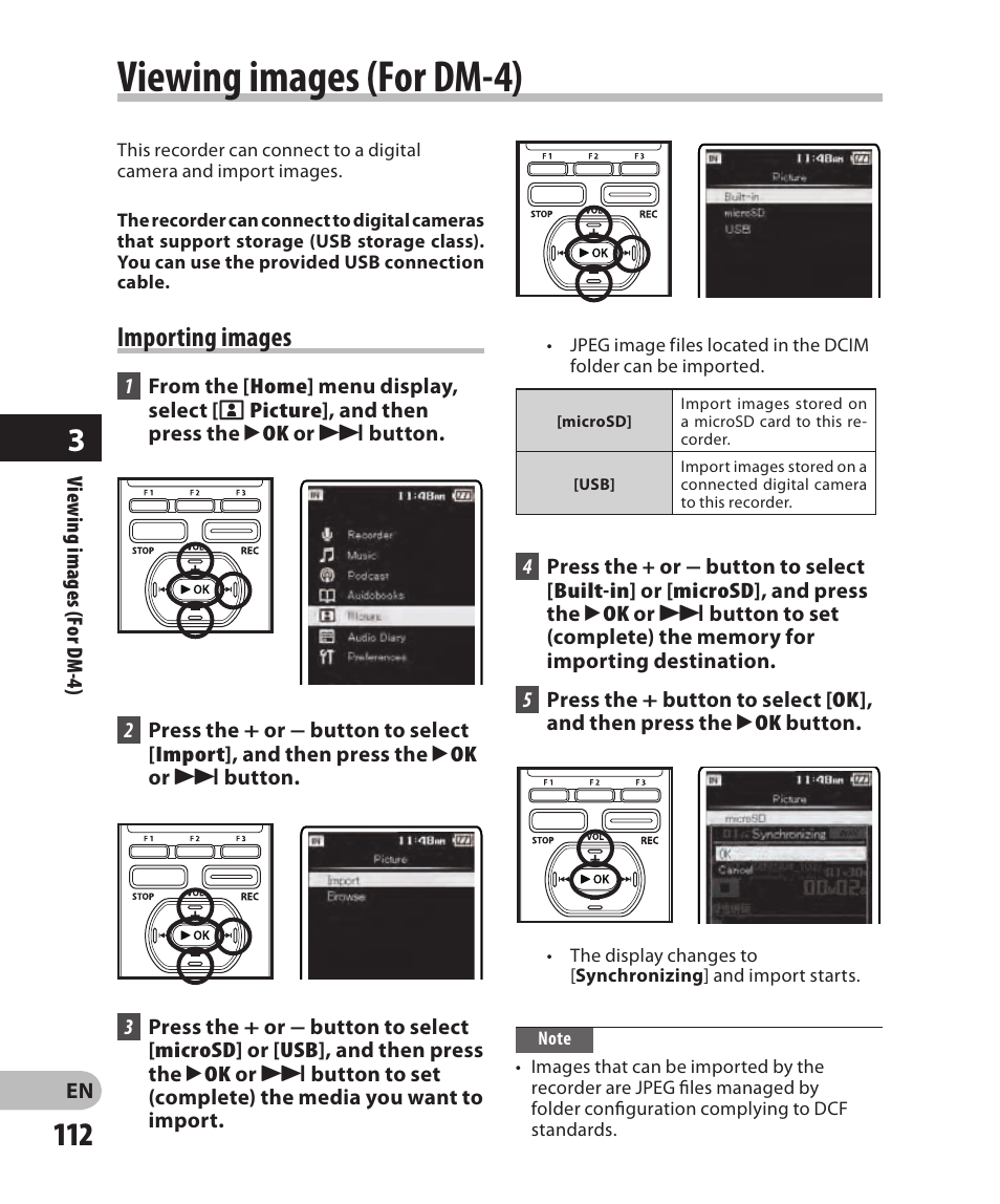 Viewing images (for dm-4), Importing images | Olympus DM-2 User Manual | Page 112 / 185