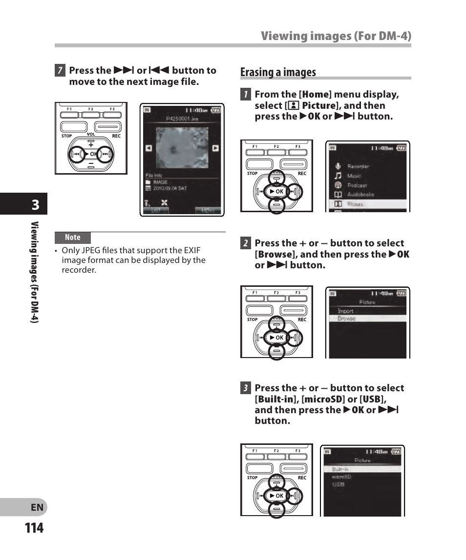 Erasing a images, Viewing images (for dm-) | Olympus DM-2 User Manual | Page 114 / 185