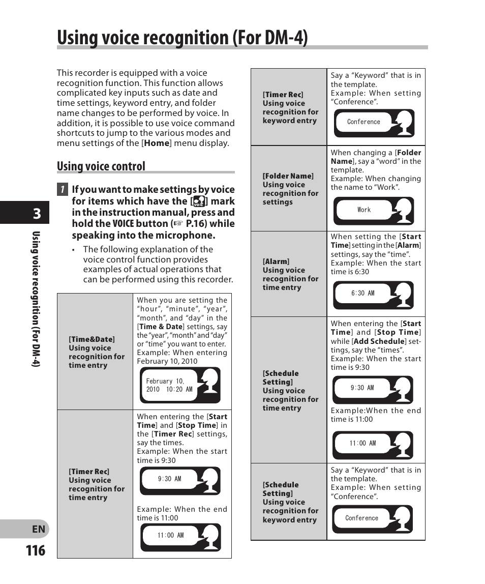 Using voice recognition (for dm-4), Using voice control | Olympus DM-2 User Manual | Page 116 / 185