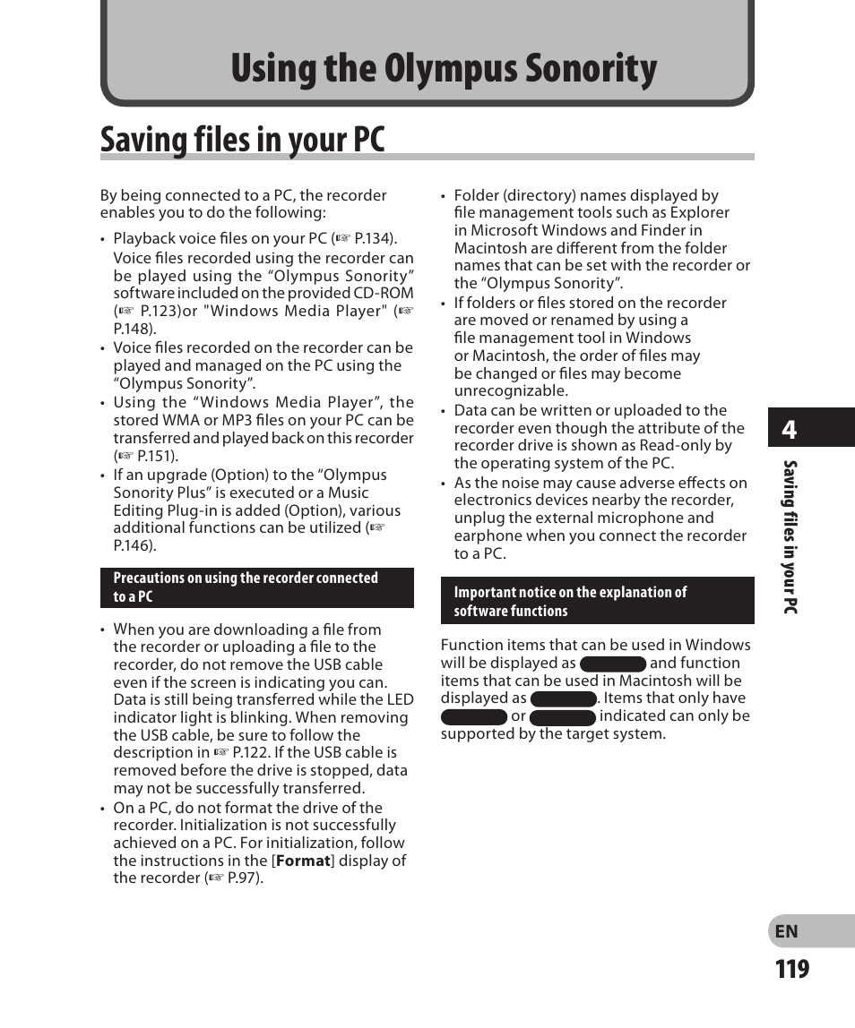 Using the olympus sonority, Saving files in your pc, Using the o | Olympus DM-2 User Manual | Page 119 / 185