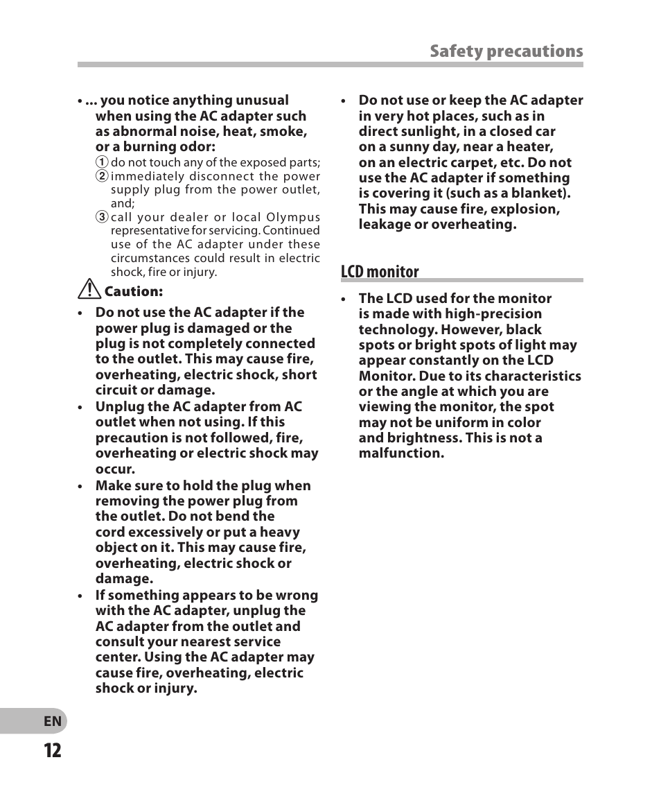 Lcd monitor, Safety precautions | Olympus DM-2 User Manual | Page 12 / 185