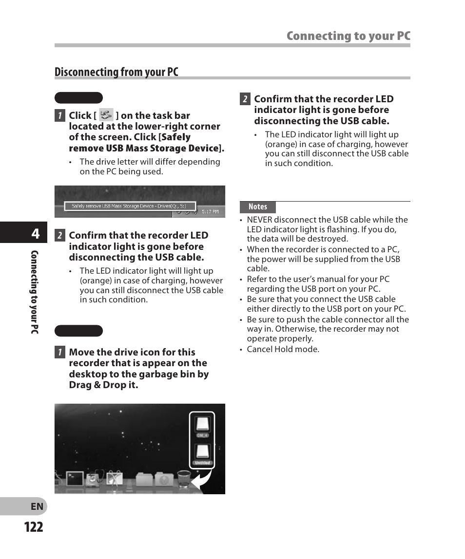 Disconnecting from your pc, Connecting to your pc disconnecting from your pc | Olympus DM-2 User Manual | Page 122 / 185