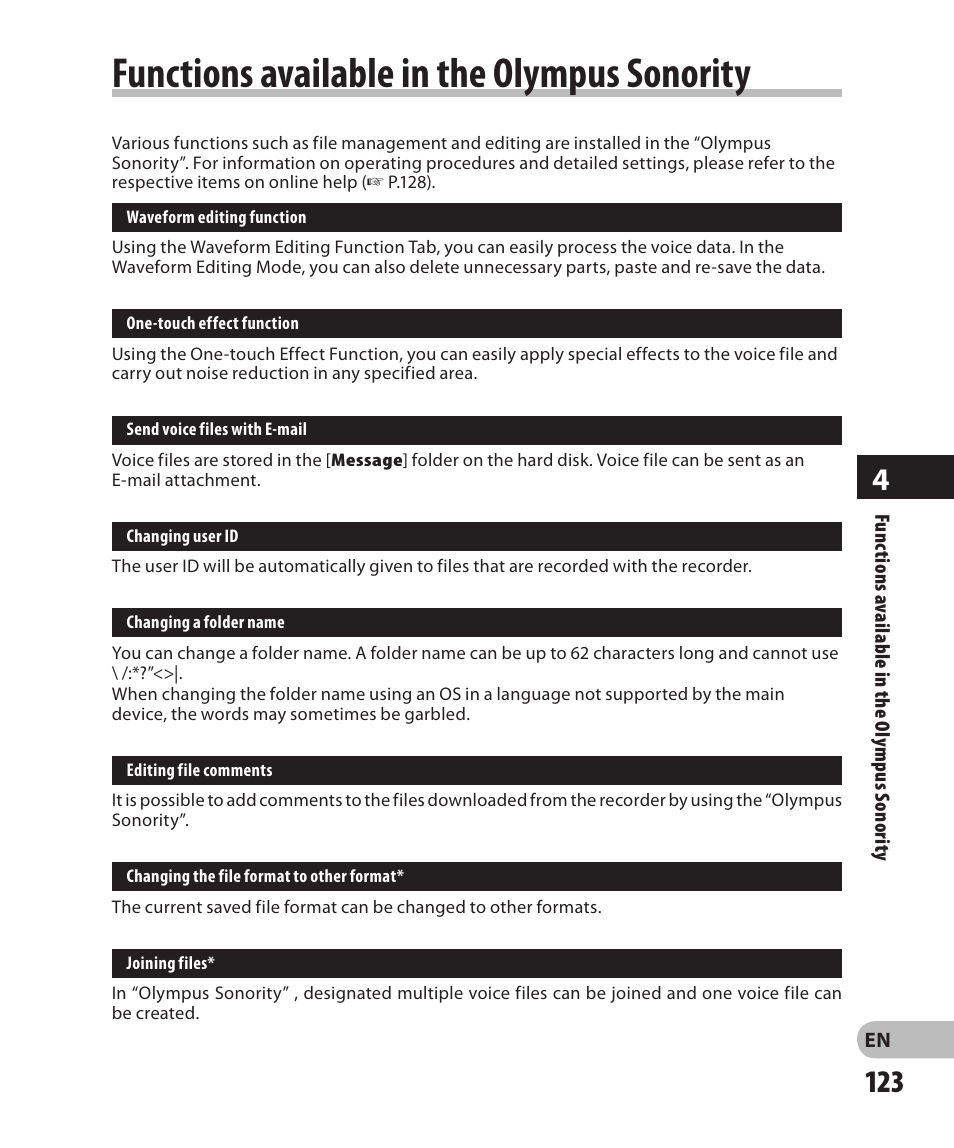 Functions available in the olympus sonority | Olympus DM-2 User Manual | Page 123 / 185