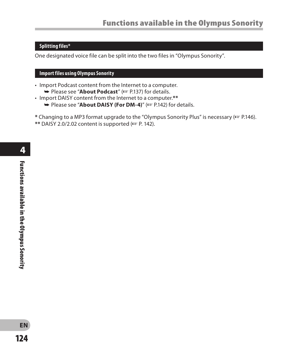 Functions available in the olympus sonority | Olympus DM-2 User Manual | Page 124 / 185