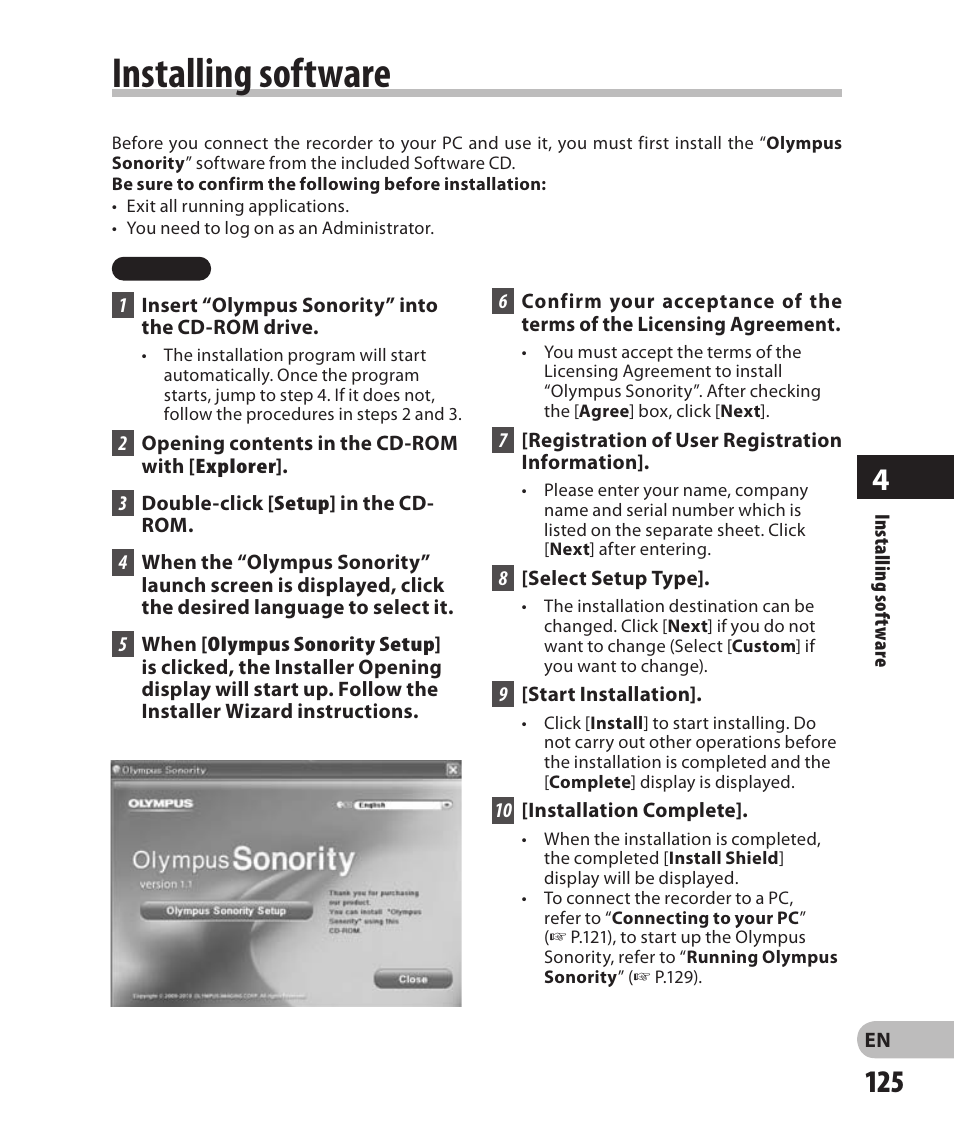 Installing software | Olympus DM-2 User Manual | Page 125 / 185