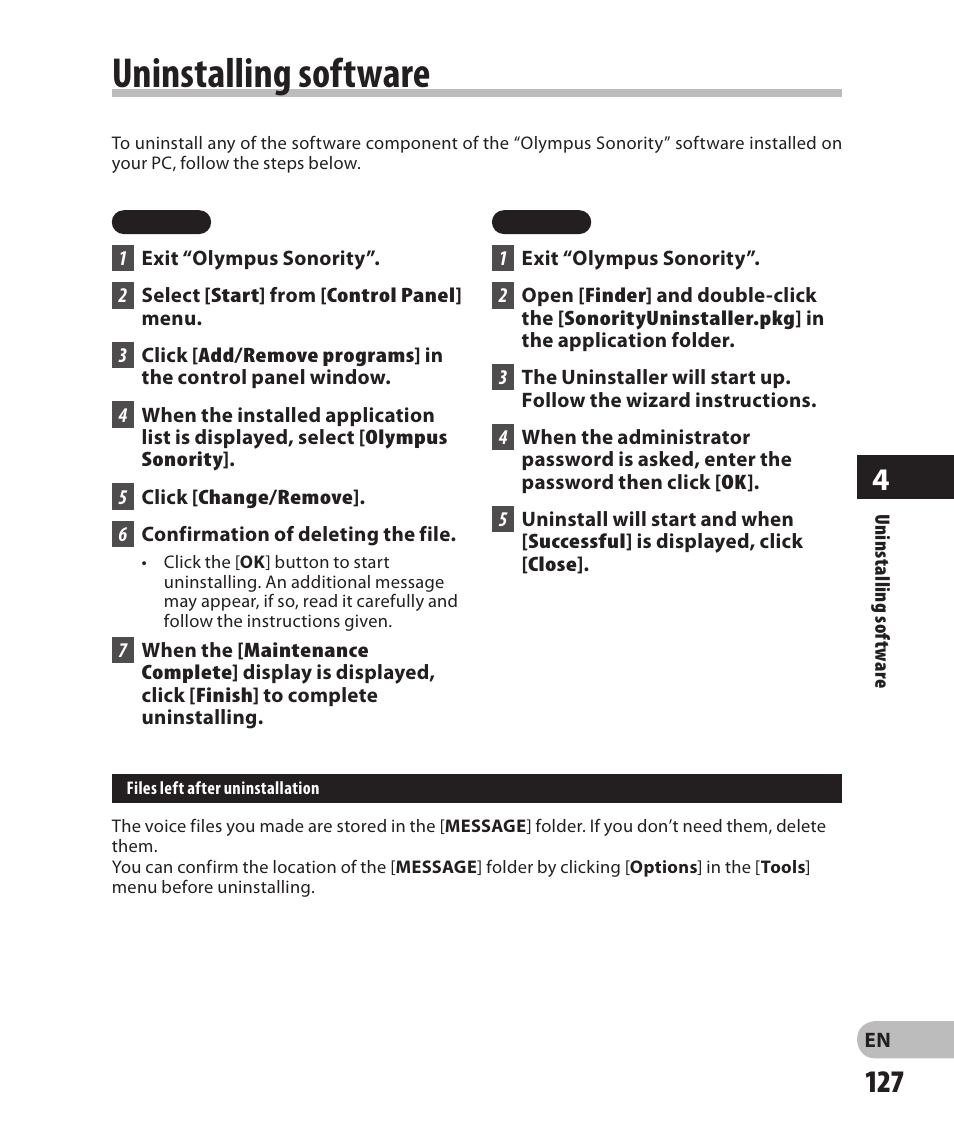 Uninstalling software | Olympus DM-2 User Manual | Page 127 / 185