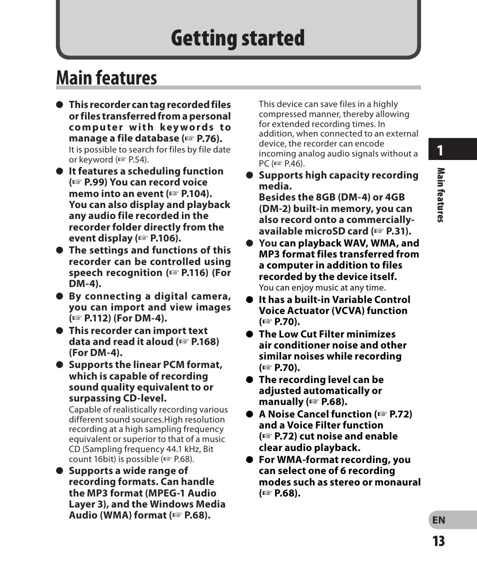 Getting started, Main features | Olympus DM-2 User Manual | Page 13 / 185